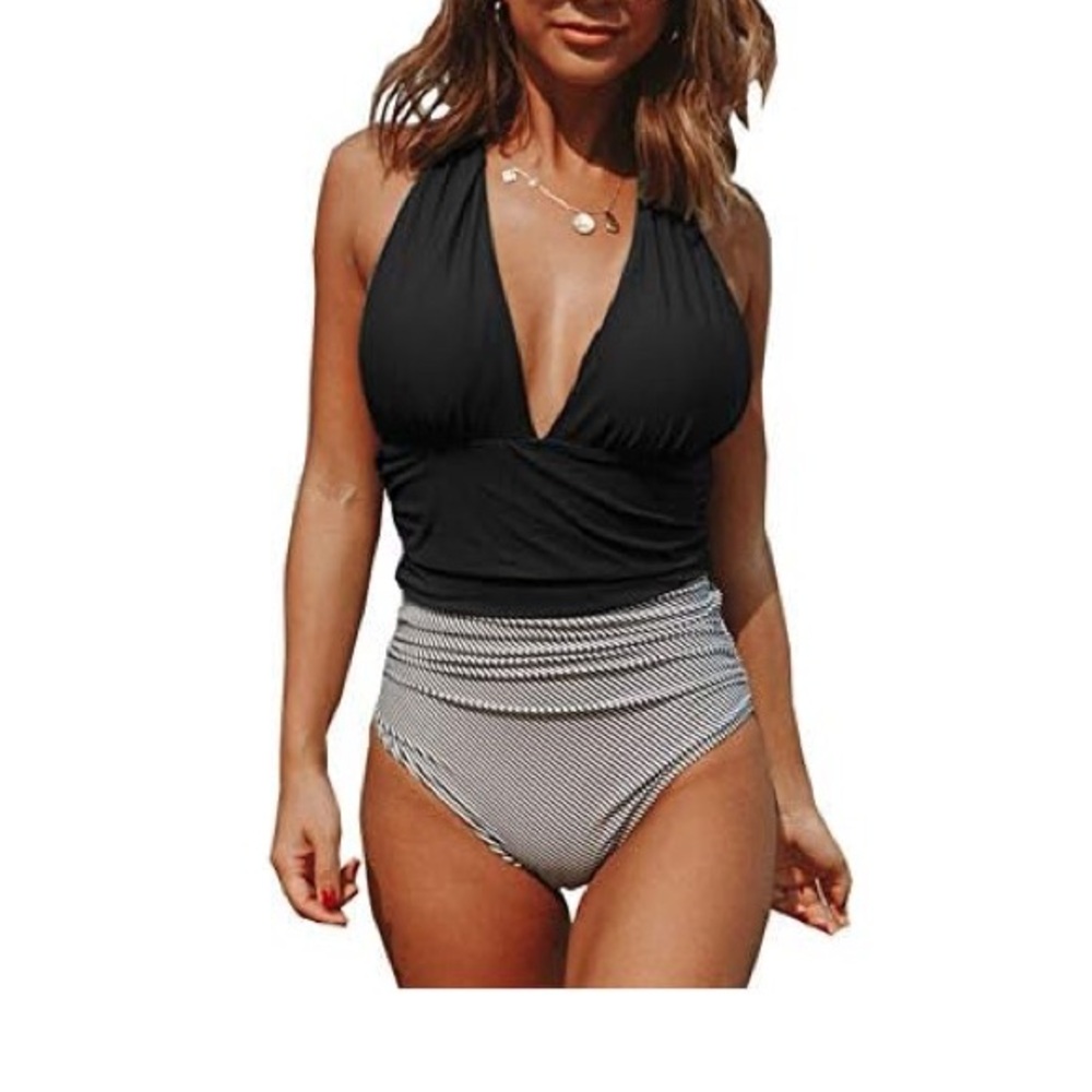Beachsissi Large One Piece Black & White Striped Halter V-Neck Ruched Swimsuit